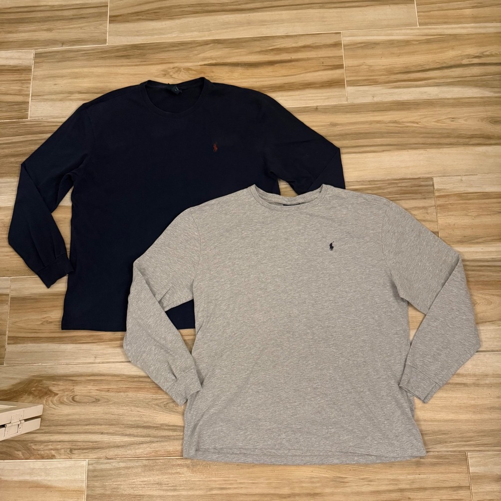 Polo Ralph Lauren Mens Long Sleeve T-Shirt Bundle 2 Pack Navy Gray Large